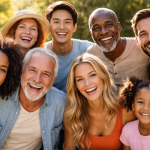A diverse group of eight people of different ages smiling together outside in sunlight