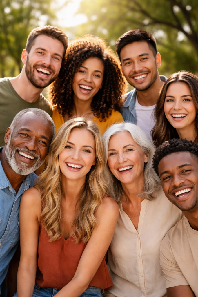 A diverse group of seven people smiling warmly while standing close together outside.