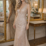 Woman in a beaded, pale pink evening gown standing in a luxurious room with mirrors and ornate decor.