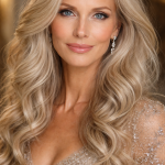 Close-up portrait of a blonde woman with blue eyes wearing a sparkly beige dress and earrings