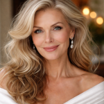 Close-up portrait of a smiling blonde woman with wavy hair and drop earrings