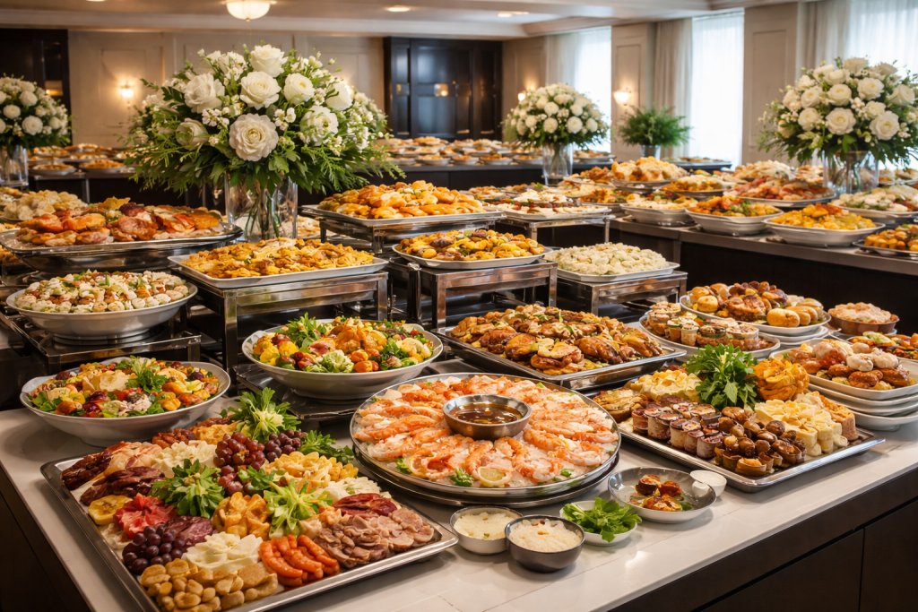 A large buffet table filled with assorted appetizers, seafood, meats, and desserts with floral centerpieces.