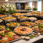 A large buffet table filled with assorted appetizers, seafood, meats, and desserts with floral centerpieces.