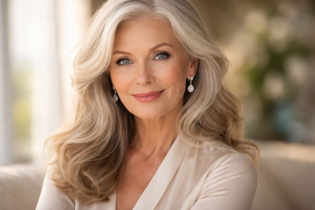 Close-up of a smiling mature woman with long wavy gray hair and drop earrings.