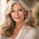 Close-up of a smiling mature woman with long wavy gray hair and drop earrings.