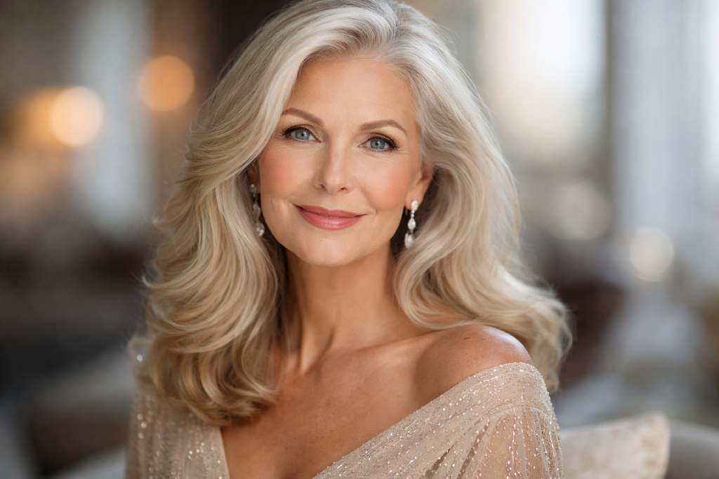 Smiling elegant mature woman with silver hair in a sparkly dress and earrings