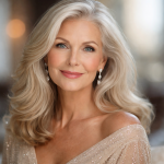 Smiling elegant mature woman with silver hair in a sparkly dress and earrings