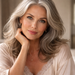 Portrait of a middle-aged woman with gray hair smiling gently indoors