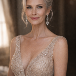 Smiling mature woman wearing an intricate beaded gown and dangling earrings