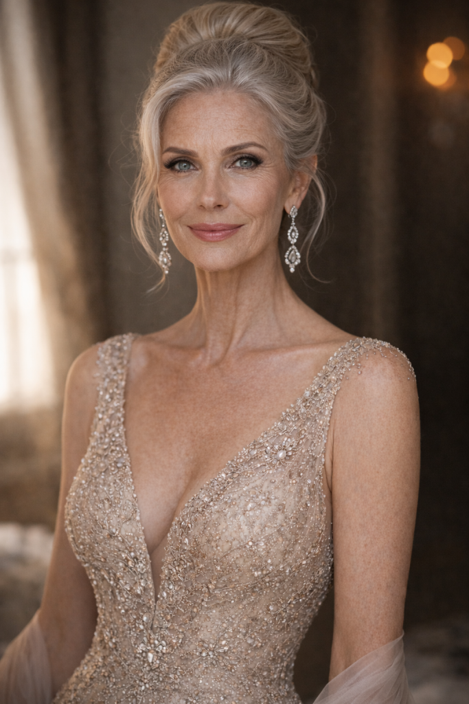 Smiling mature woman wearing an intricate beaded gown and dangling earrings