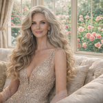 Woman with long wavy blonde hair wearing a beaded gown sitting on a tufted sofa by a window with blooming flowers.