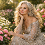 A mature woman with long curly hair and a beaded gown sitting among pink roses and white daisies.