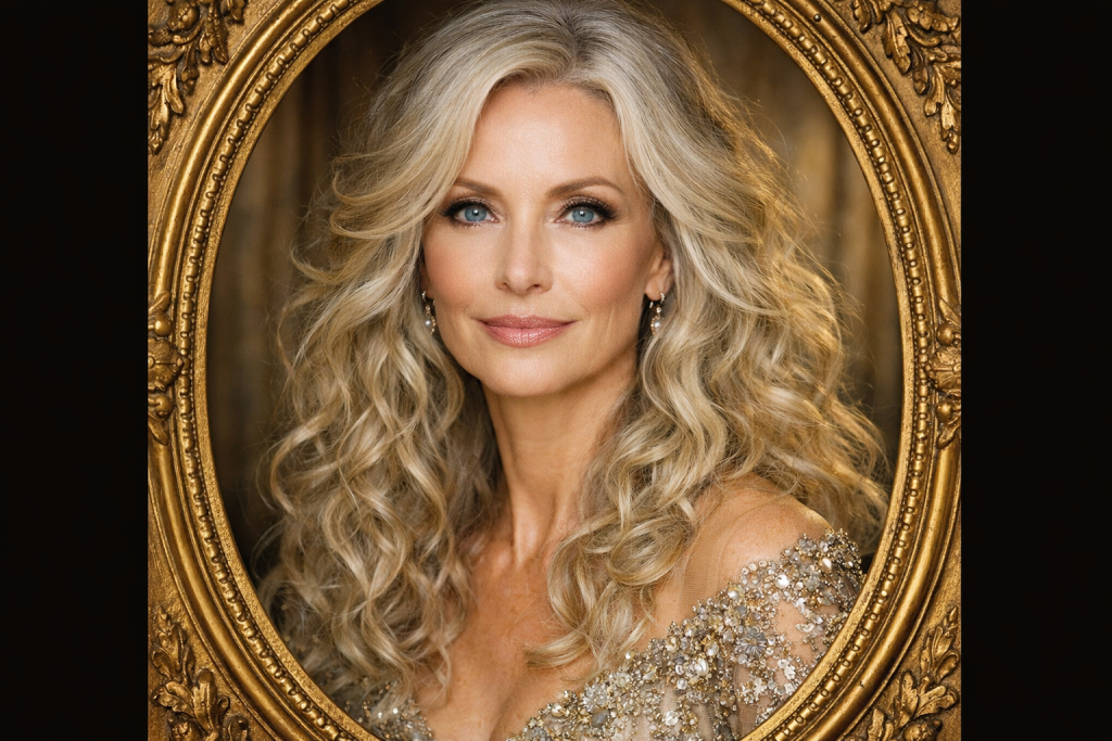 Portrait of a woman with long curly blonde hair inside an ornate gold oval frame.