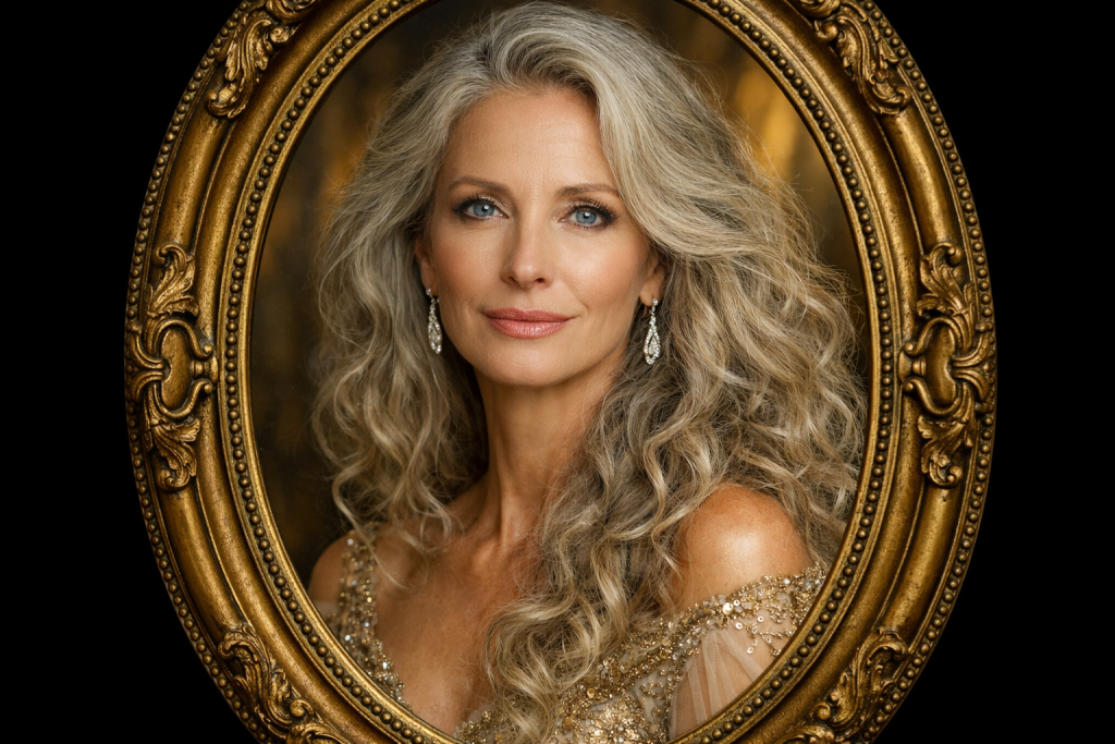 Portrait of a mature woman with long curly gray hair framed by an ornate golden oval frame.
