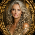 Portrait of a mature woman with long curly gray hair framed by an ornate golden oval frame.