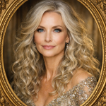 Blonde woman with curled hair wearing a beaded dress inside a gold ornate frame