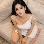 A woman in a white one-shoulder dress with beaded sleeve sits on a beige couch, looking up at the camera.