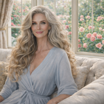 Mature woman with long curly hair sitting on a beige sofa near a window with blooming roses outside