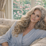 Mature woman with long wavy hair rests on a beige couch by a window with blooming flowers outside.