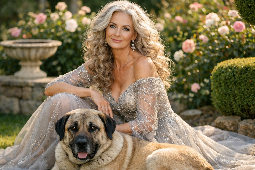 A woman in a sparkling gown sits in a garden with a large dog resting in front of her.