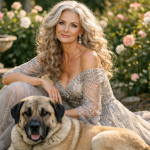 A woman in a sparkling gown sits in a garden with a large dog resting in front of her.