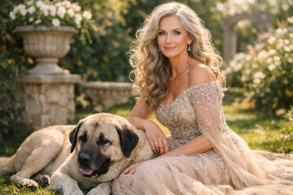 A woman in a detailed beige gown sits outdoors with a large dog resting beside her.