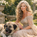 A woman in a detailed beige gown sits outdoors with a large dog resting beside her.