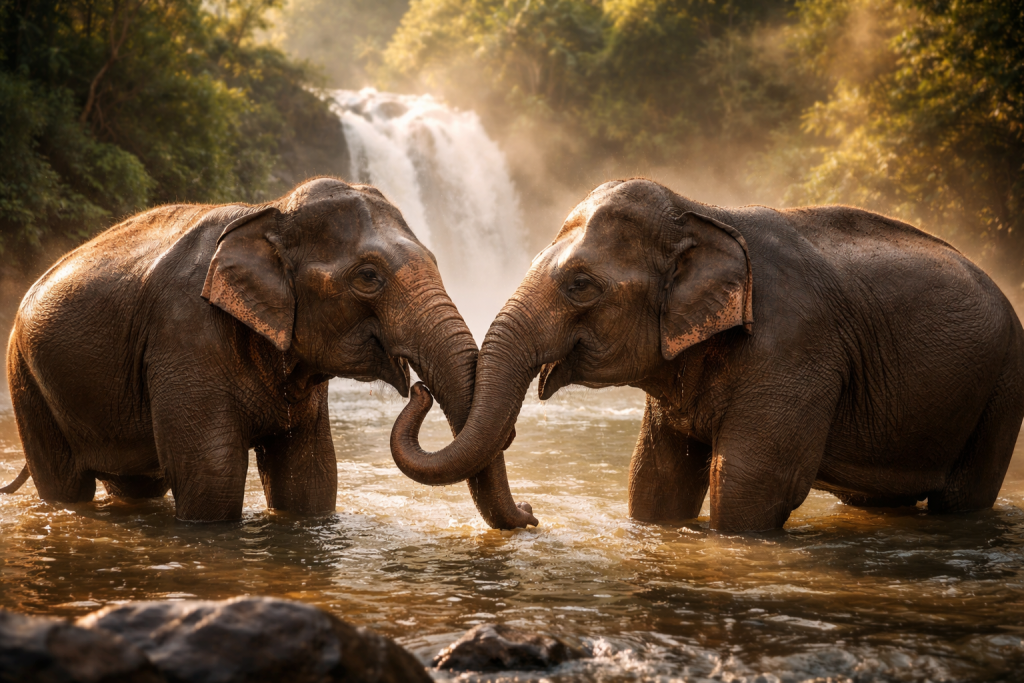 Two elephants touching trunks in a river with a waterfall in the background