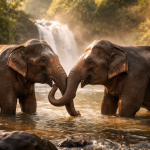 Two elephants touching trunks in a river with a waterfall in the background
