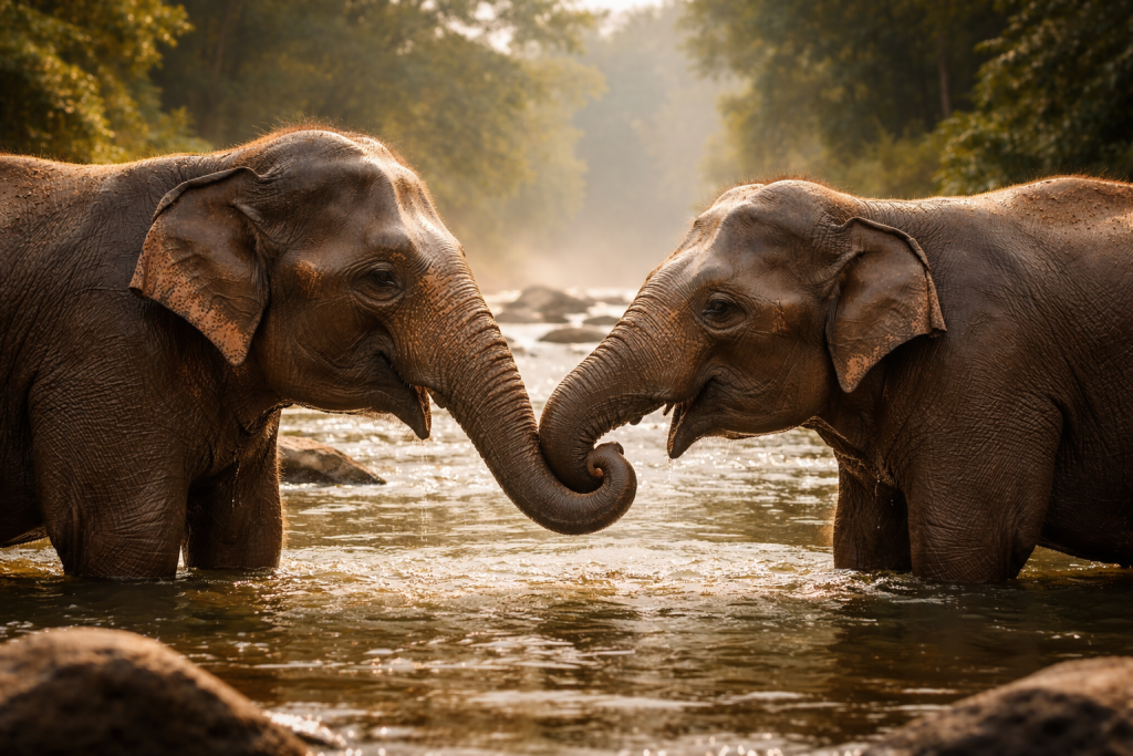 Two elephants standing in a river touching their trunks.