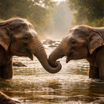 Two elephants standing in a river touching their trunks.