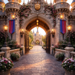 Stone archway adorned with flowers and lanterns leading to a distant castle at sunset