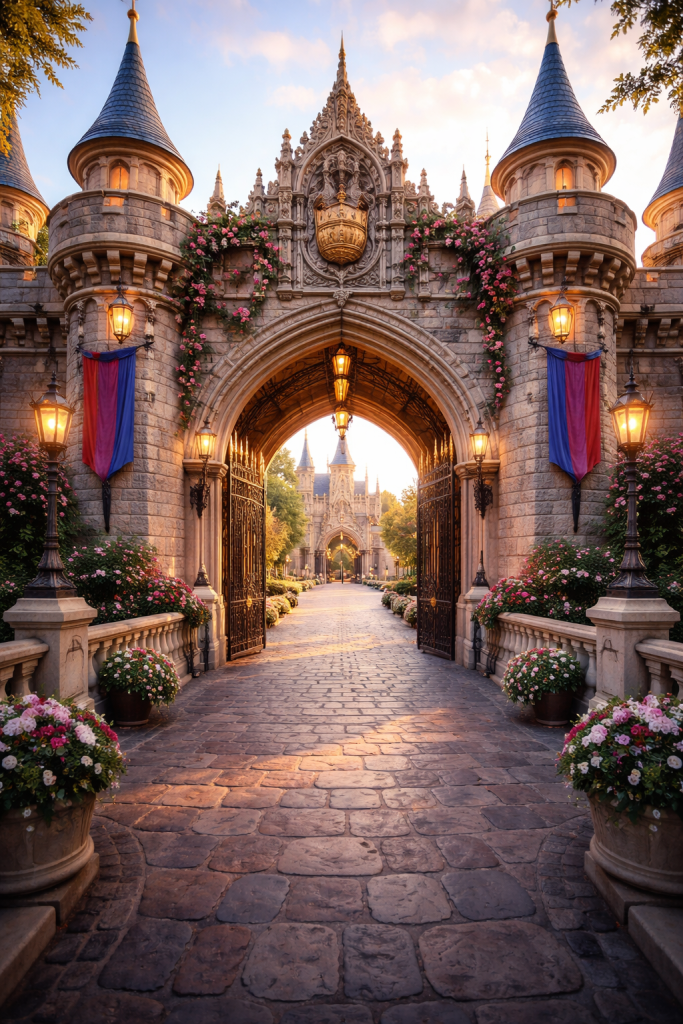 Stone archway adorned with flowers and lanterns leading to a distant castle at sunset