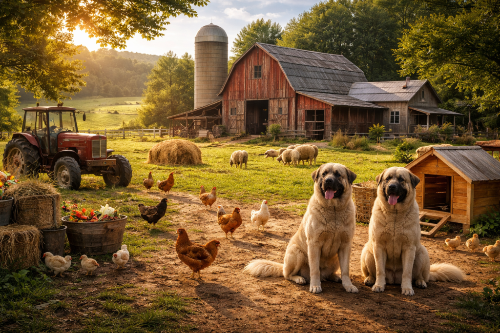Two large dogs sitting on a farm path with chickens and sheep near a red barn and tractor at sunset.