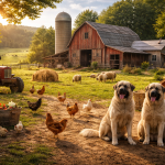Two large dogs sitting on a farm path with chickens and sheep near a red barn and tractor at sunset.