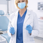 Female dentist wearing a mask and gloves holding dental tools in a dental office