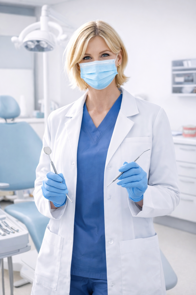 Female dentist wearing a mask and gloves holding dental tools in a dental office