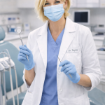 Dentist wearing a mask and gloves holding dental instruments in a clinic
