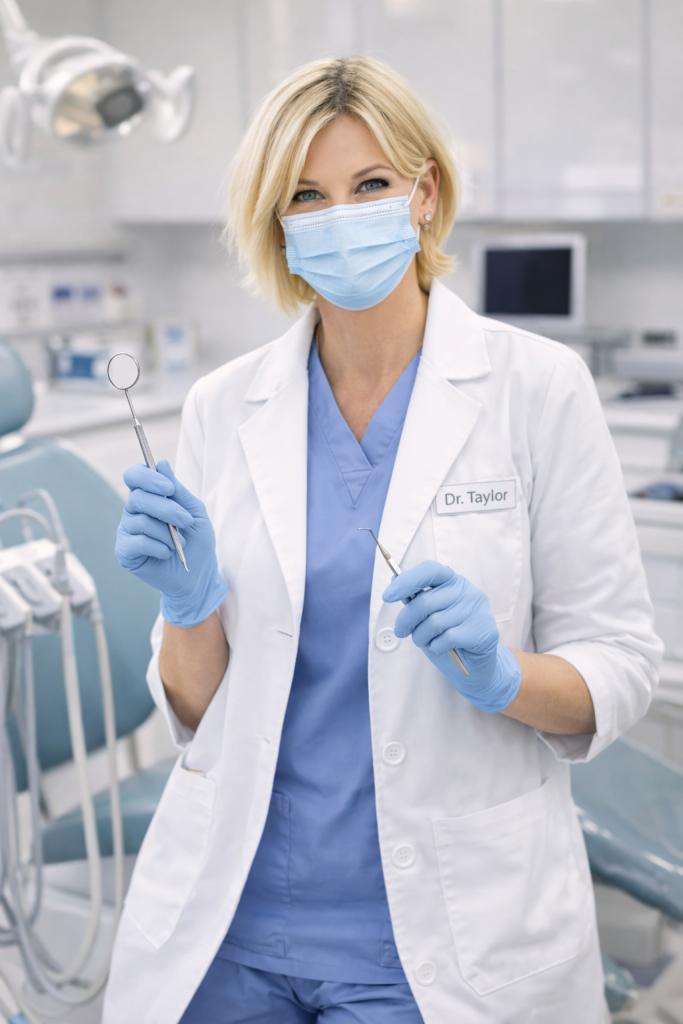 Dentist wearing a mask and gloves holding dental instruments in a clinic