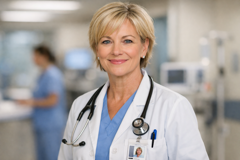 Smiling female doctor wearing white coat and stethoscope in a hospital setting