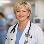 Smiling female doctor wearing white coat and stethoscope in a hospital setting