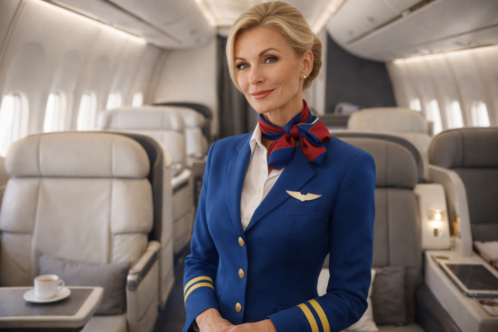 A female flight attendant in blue uniform stands inside an empty airplane cabin with beige seats.