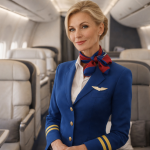 A female flight attendant in blue uniform stands inside an empty airplane cabin with beige seats.