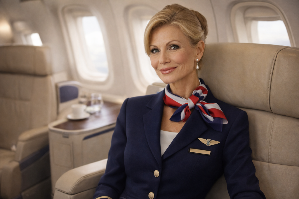 Smiling female flight attendant in navy uniform with red, white, and blue scarf seated inside airplane cabin