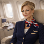 Smiling female flight attendant in navy uniform with red, white, and blue scarf seated inside airplane cabin