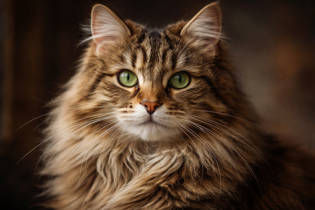 Close-up of a fluffy brown tabby cat with green eyes and long whiskers