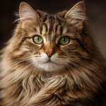 Close-up of a fluffy brown tabby cat with green eyes and long whiskers