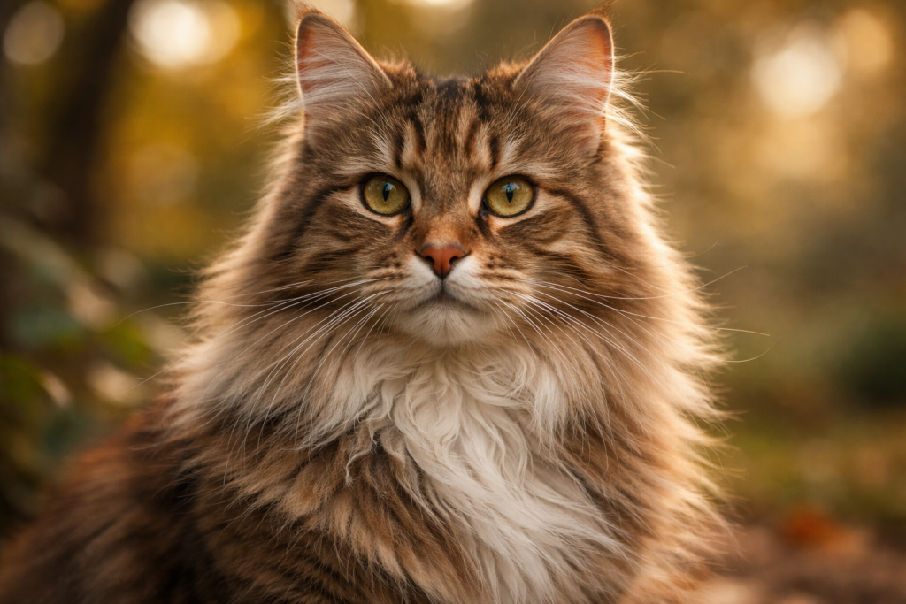 Close-up of a fluffy tabby cat with yellow eyes and long fur outdoors