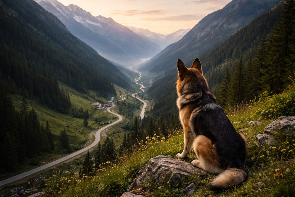 German Shepherd sitting on a rock overlooking a winding road through a mountain valley at sunset.
