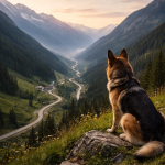 German Shepherd sitting on a rock overlooking a winding road through a mountain valley at sunset.